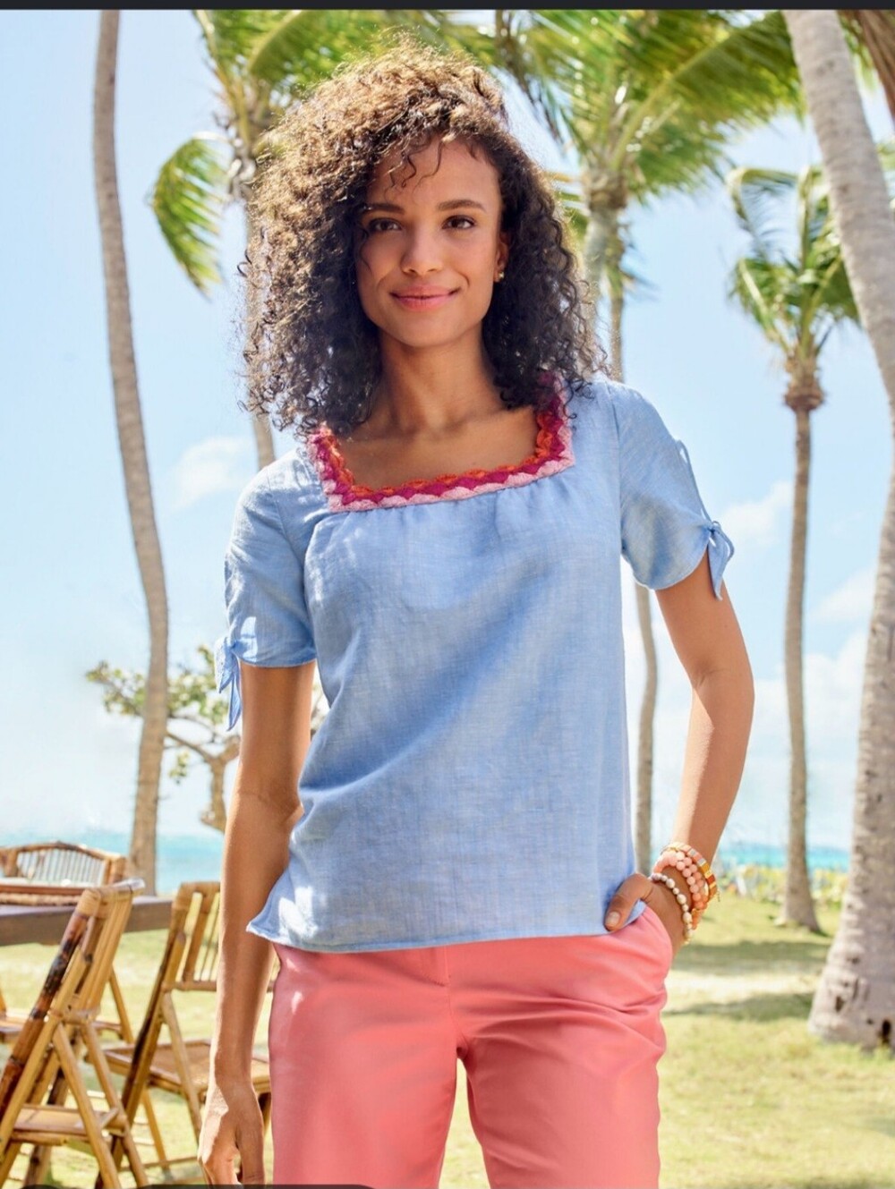 Talbot Boat Neck Top Tie Sleeves Womans Small Linen Blend